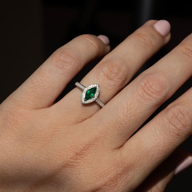 0.30 Carat Natural Marquise Green Emerald Halo Engagement Ring in White Gold - Alika