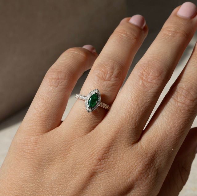 0.30 Carat Natural Marquise Green Emerald Halo Engagement Ring in White Gold - Alika