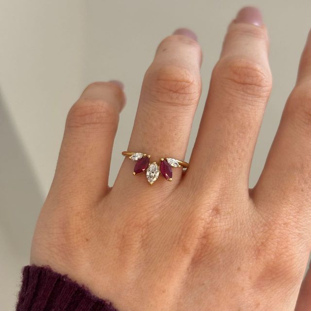 0.56 Carat Natural Ruby and 0.36 Carat Diamond Marquise Five Stone Shaped to Fit Ring in Yellow Gold