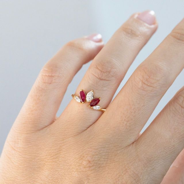 0.56 Carat Natural Ruby and 0.36 Carat Diamond Marquise Five Stone Shaped to Fit Ring in Yellow Gold