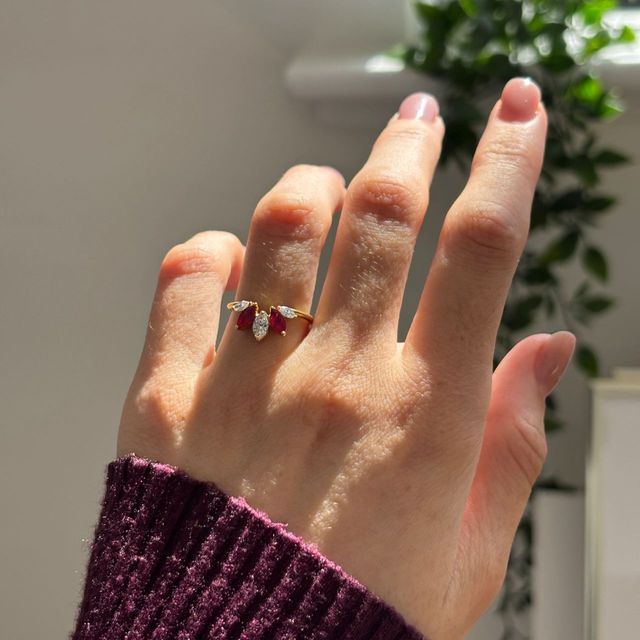 0.56 Carat Natural Ruby and 0.36 Carat Diamond Marquise Five Stone Shaped to Fit Ring in Yellow Gold