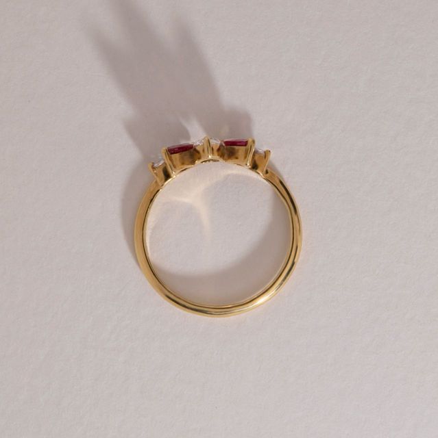 0.56 Carat Natural Ruby and 0.36 Carat Diamond Marquise Five Stone Shaped to Fit Ring in Yellow Gold