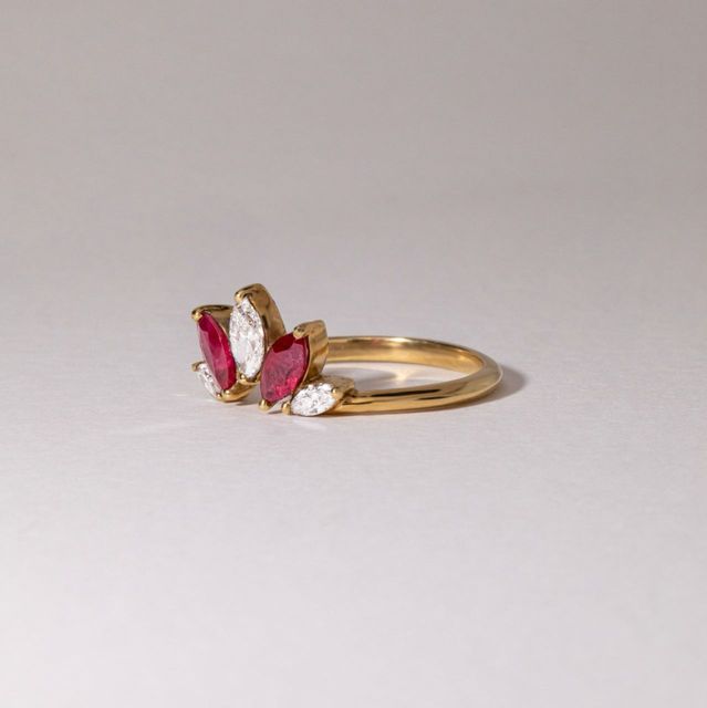 0.56 Carat Natural Ruby and 0.36 Carat Diamond Marquise Five Stone Shaped to Fit Ring in Yellow Gold
