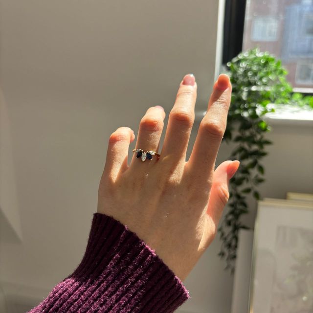 0.75 Carat Natural Sapphire and 0.38 Carat Diamond Marquise Five Stone Shaped to Fit Ring in Yellow Gold