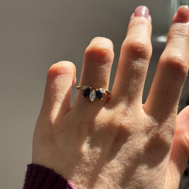 0.75 Carat Natural Sapphire and 0.38 Carat Diamond Marquise Five Stone Shaped to Fit Ring in Yellow Gold