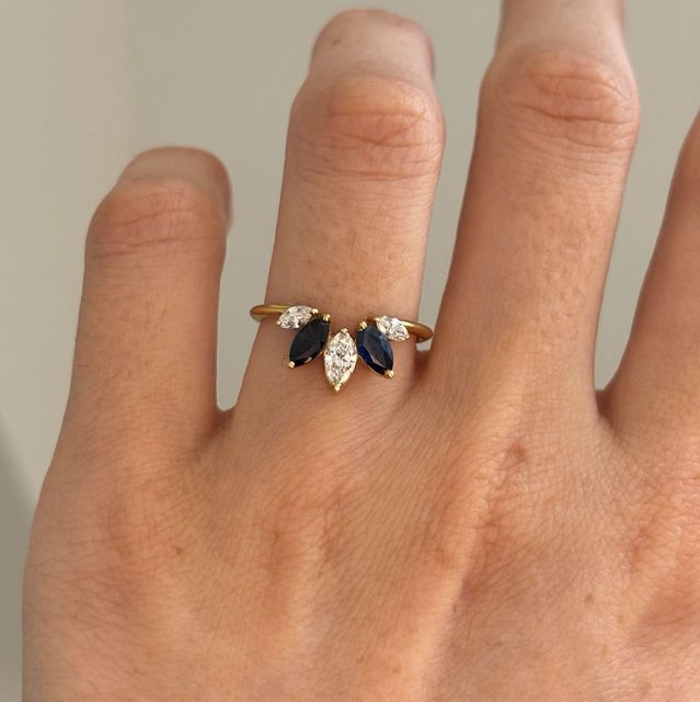 0.75 Carat Natural Sapphire and 0.38 Carat Diamond Marquise Five Stone Shaped to Fit Ring in Yellow Gold