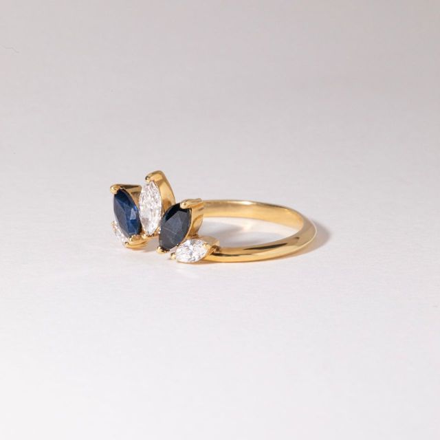 0.75 Carat Natural Sapphire and 0.38 Carat Diamond Marquise Five Stone Shaped to Fit Ring in Yellow Gold