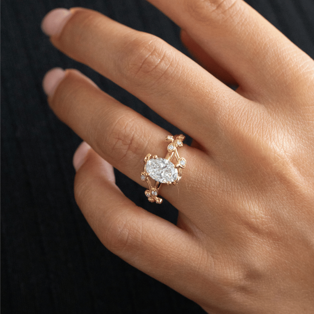 1.50 Carat Lab Grown Oval Diamond Floral Engagement Ring in Yellow Gold - Secret Garden