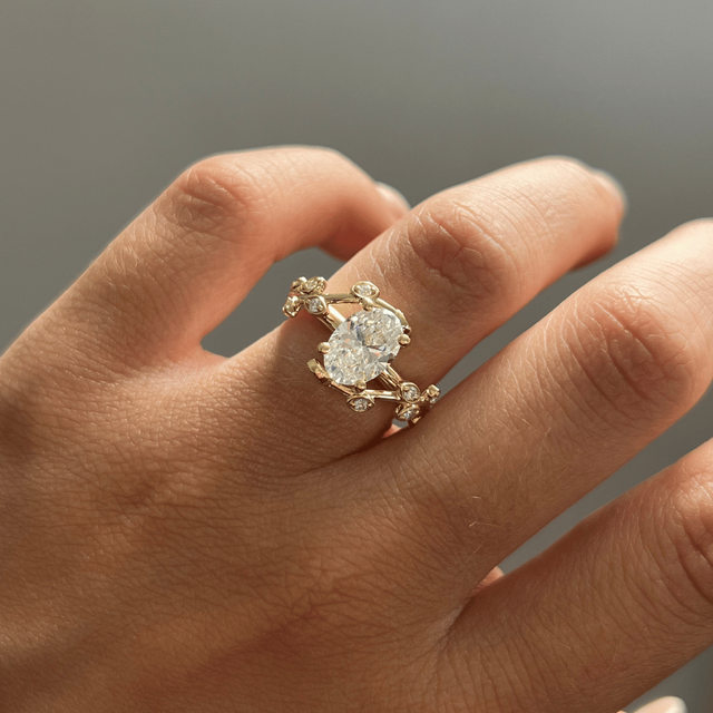 1.50 Carat Lab Grown Oval Diamond Floral Engagement Ring in Yellow Gold - Secret Garden