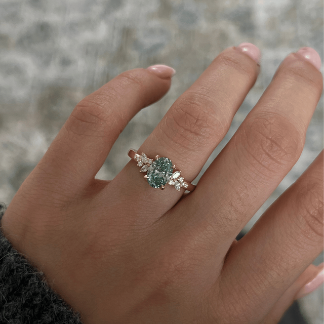 1.10 Carat Lab Grown Oval Green Diamond Cluster Engagement Ring in Yellow Gold - Sphinx