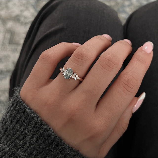 1.10 Carat Lab Grown Oval Green Diamond Cluster Engagement Ring in Yellow Gold - Sphinx