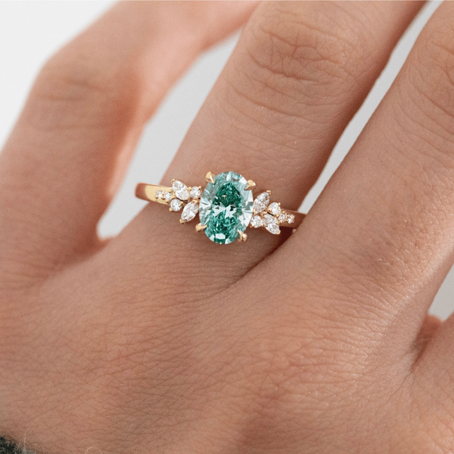 1.10 Carat Lab Grown Oval Green Diamond Cluster Engagement Ring in Yellow Gold - Sphinx