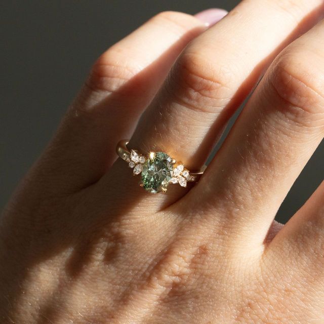 1.50 Carat Lab Grown Oval Green Diamond Cluster Engagement Ring in Yellow Gold - Sphinx
