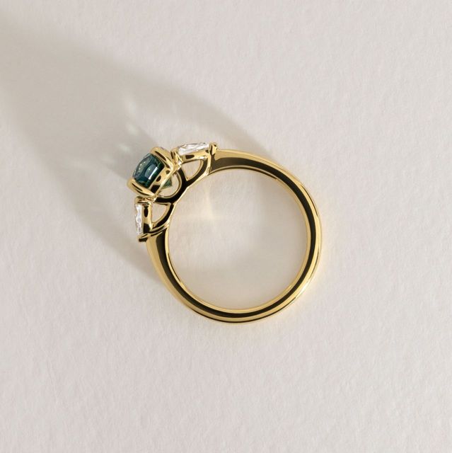 2.12 Carat Natural Oval Teal Sapphire Trilogy Engagement Ring in Yellow Gold - Vivian