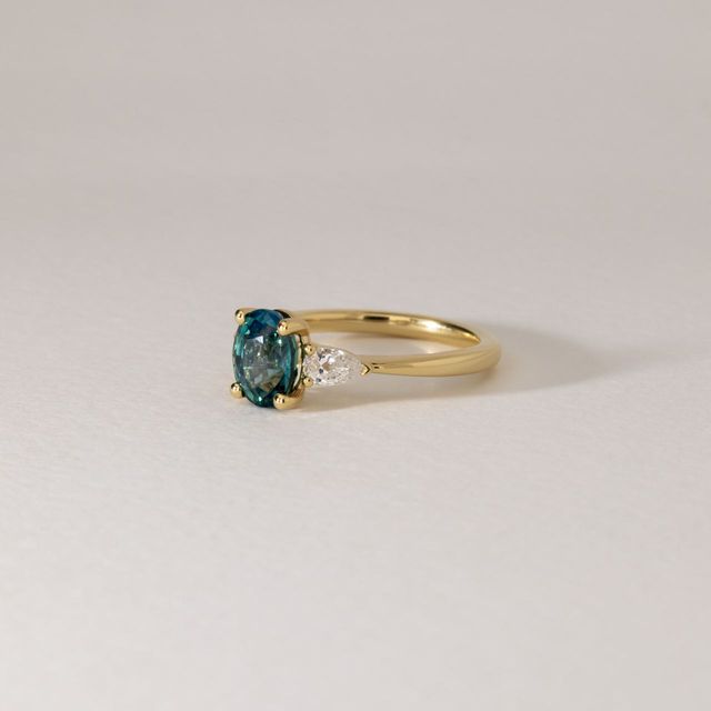 2.12 Carat Natural Oval Teal Sapphire Trilogy Engagement Ring in Yellow Gold - Vivian