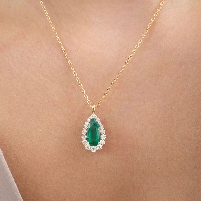 3.62 Carat Natural Pear Emerald Graduated Cluster Halo Pendant in Yellow Gold