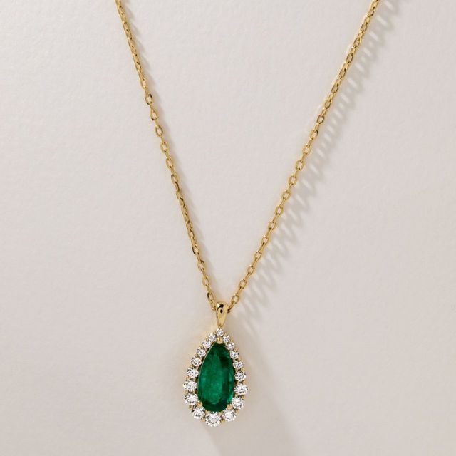 3.62 Carat Natural Pear Emerald Graduated Cluster Halo Pendant in Yellow Gold