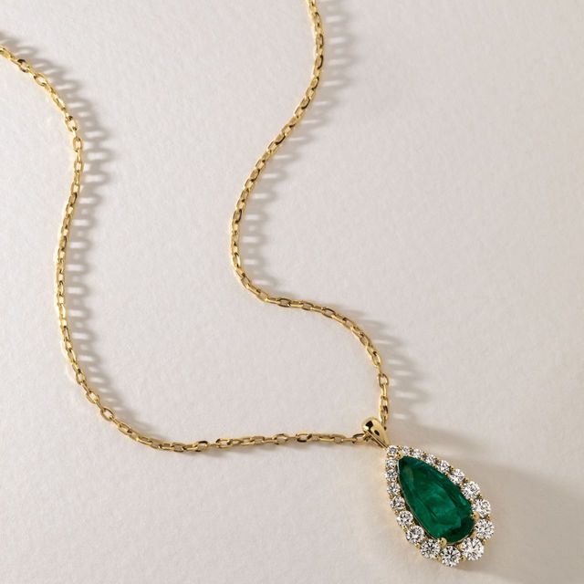 3.62 Carat Natural Pear Emerald Graduated Cluster Halo Pendant in Yellow Gold