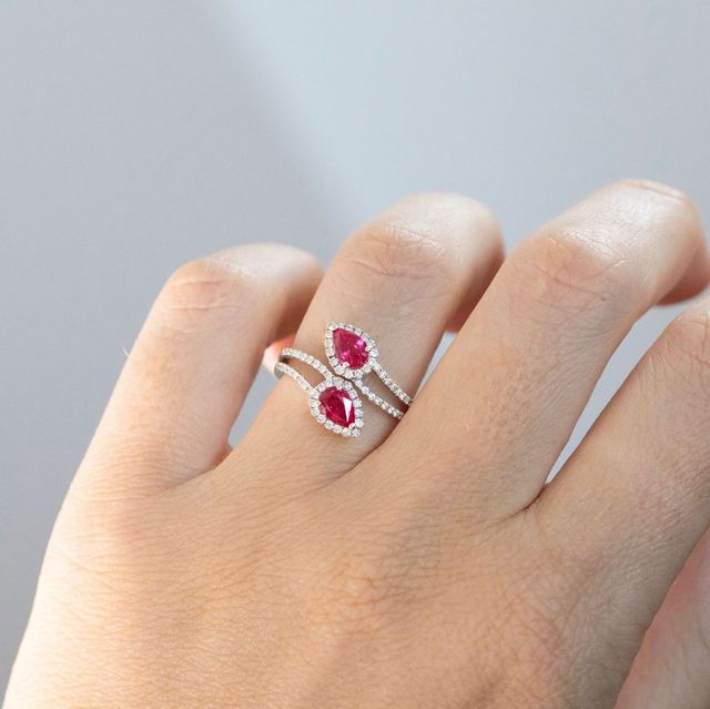 Toi Et Moi Pear Shaped Ruby Diamond Band Engagement Ring in White Gold