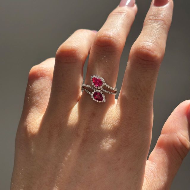 Toi Et Moi Pear Shaped Ruby Diamond Band Engagement Ring in White Gold