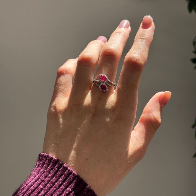 Toi Et Moi Pear Shaped Ruby Diamond Band Engagement Ring in White Gold