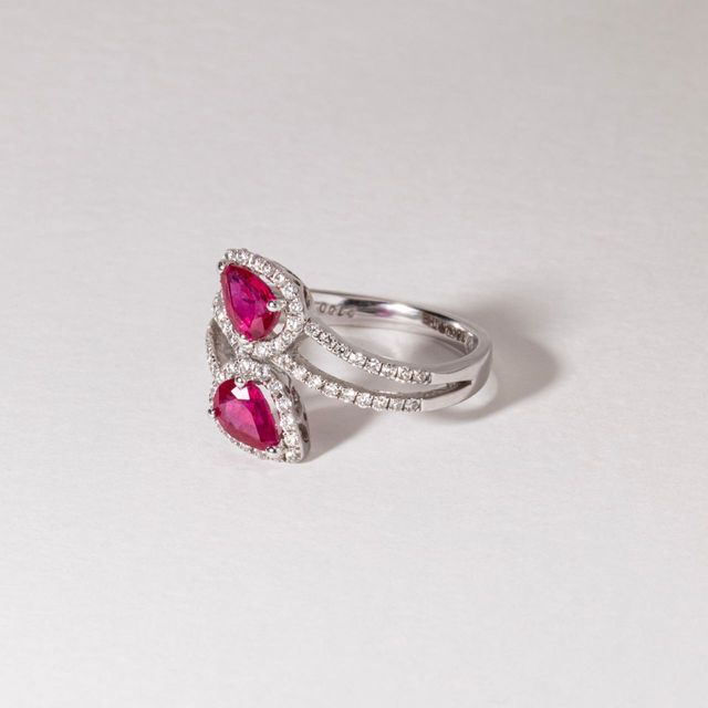 Toi Et Moi Pear Shaped Ruby Diamond Band Engagement Ring in White Gold