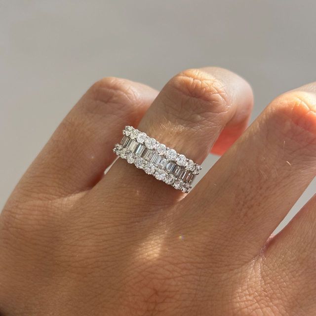 3.10 Carat Natural Baguette And Round Diamond Eternity Ring in White Gold