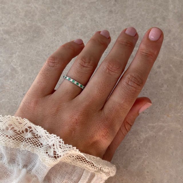 0.30 Carat Natural Round Green Emerald And Diamond Half Eternity Ring in White Gold
