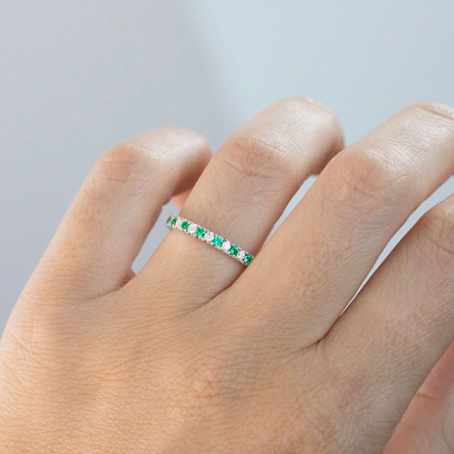 0.30 Carat Natural Round Green Emerald And Diamond Half Eternity Ring in White Gold
