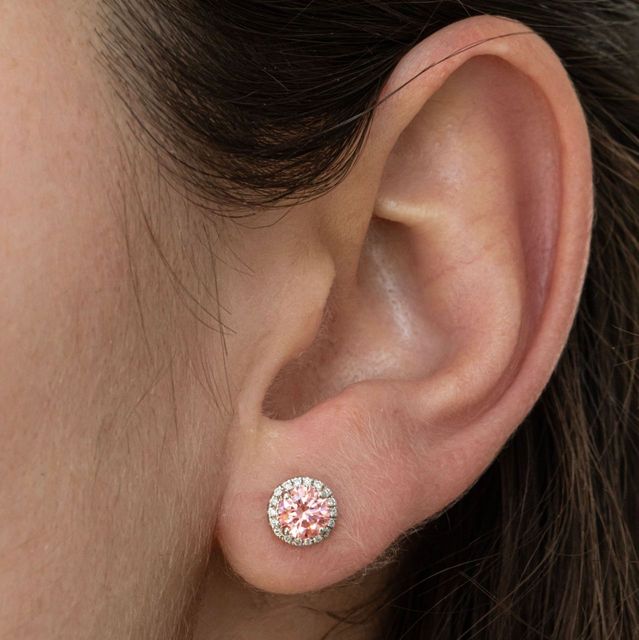 Lab Grown Pink Round Diamond Halo Stud Earrings in White Gold