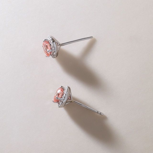 Lab Grown Pink Round Diamond Halo Stud Earrings in White Gold