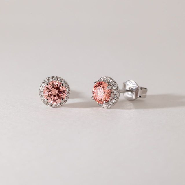 Lab Grown Pink Round Diamond Halo Stud Earrings in White Gold