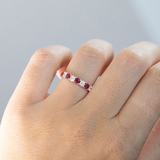 0.40 Carat Natural Round Ruby And Diamond Claw Set Half Eternity Band in White Gold