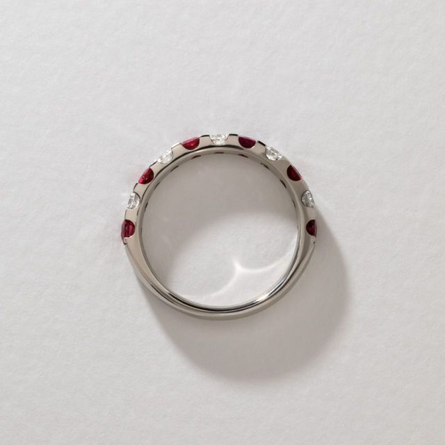 0.40 Carat Natural Round Ruby And Diamond Claw Set Half Eternity Band in White Gold