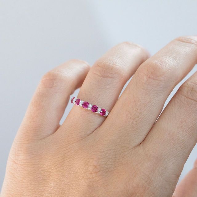 0.84 Carat Natural Round Ruby And 0.60 Carat Diamond Shared Claw Eternity Ring in Platinum