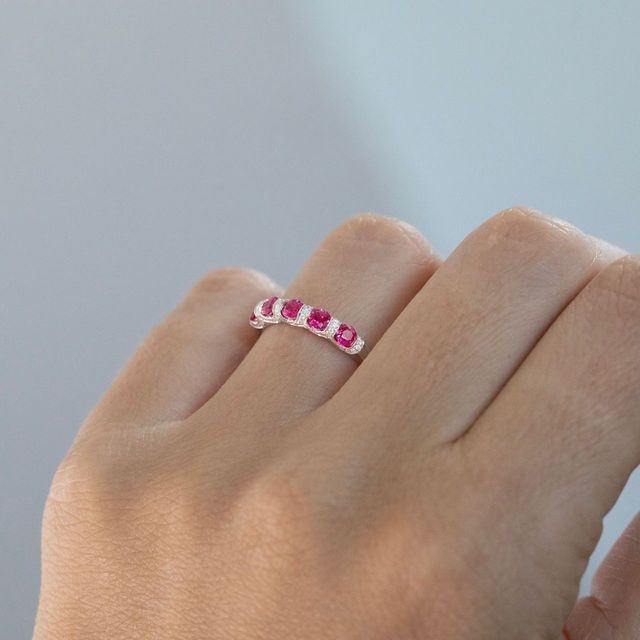 0.84 Carat Natural Round Ruby And 0.60 Carat Diamond Shared Claw Eternity Ring in Platinum