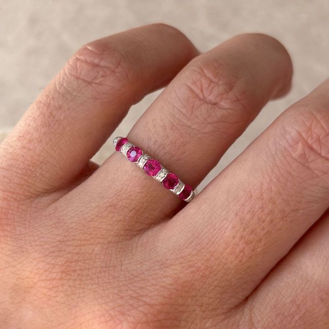 0.84 Carat Natural Round Ruby And 0.60 Carat Diamond Shared Claw Eternity Ring in Platinum