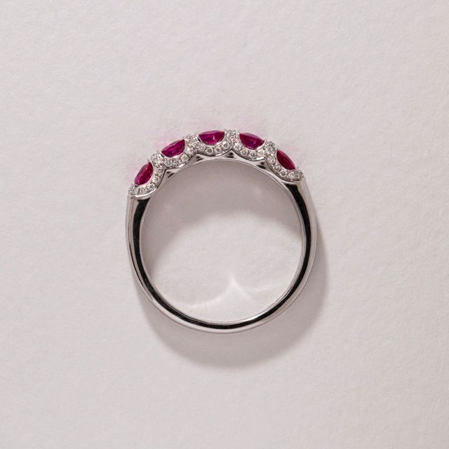 0.84 Carat Natural Round Ruby And 0.60 Carat Diamond Shared Claw Eternity Ring in Platinum
