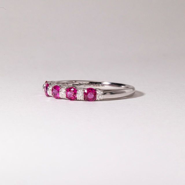 0.84 Carat Natural Round Ruby And 0.60 Carat Diamond Shared Claw Eternity Ring in Platinum