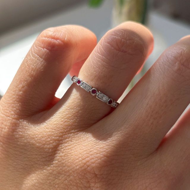 0.30 Carat Natural Round Ruby And Diamond Grain Set Eternity Band in White Gold