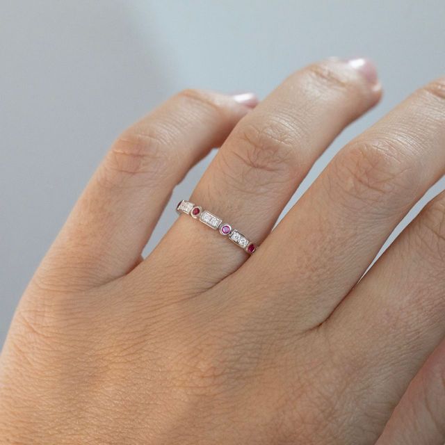 0.30 Carat Natural Round Ruby And Diamond Grain Set Eternity Band in White Gold