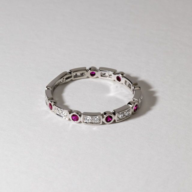 0.30 Carat Natural Round Ruby And Diamond Grain Set Eternity Band in White Gold