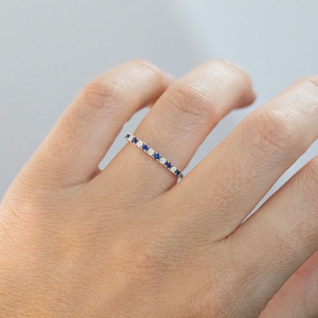 0.25 Carat Natural Round Blue Sapphire And Diamond Claw Set Half Eternity Ring in White Gold