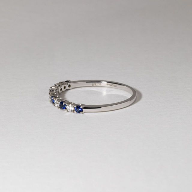 0.25 Carat Natural Round Blue Sapphire And Diamond Claw Set Half Eternity Ring in White Gold