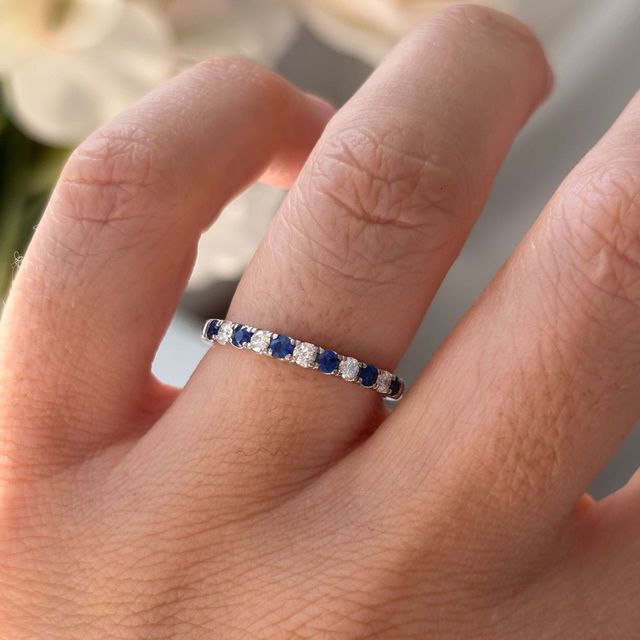 0.25 Carat Natural Round Blue Sapphire And Diamond Micro Set Half Eternity Ring in Platinum