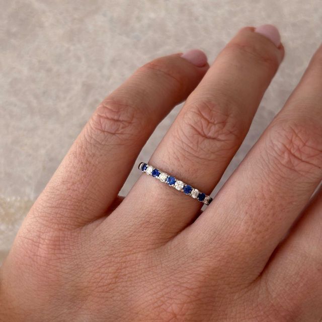 0.25 Carat Natural Round Blue Sapphire And Diamond Micro Set Half Eternity Ring in Platinum