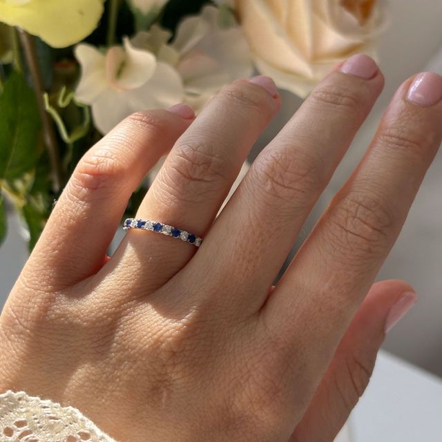 0.25 Carat Natural Round Blue Sapphire And Diamond Micro Set Half Eternity Ring in Platinum
