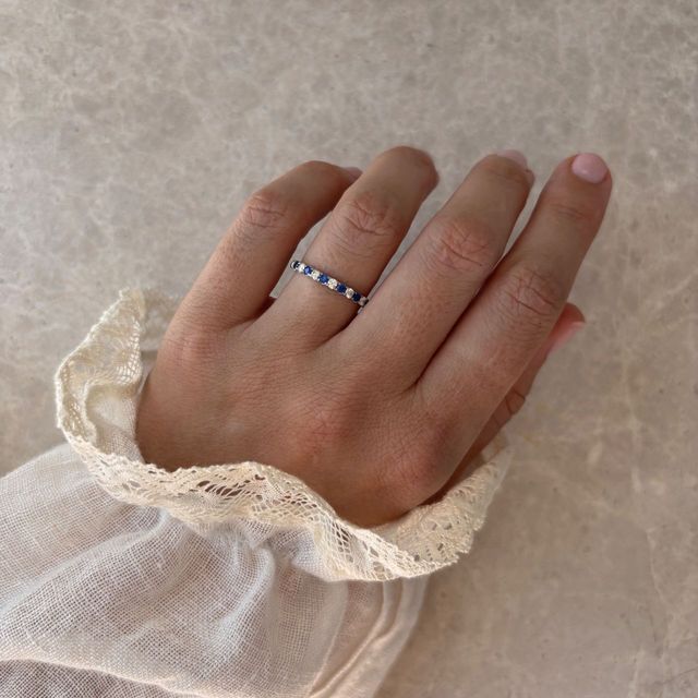 0.25 Carat Natural Round Blue Sapphire And Diamond Micro Set Half Eternity Ring in Platinum