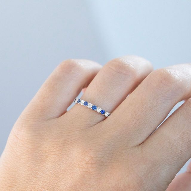 0.25 Carat Natural Round Blue Sapphire And Diamond Micro Set Half Eternity Ring in Platinum