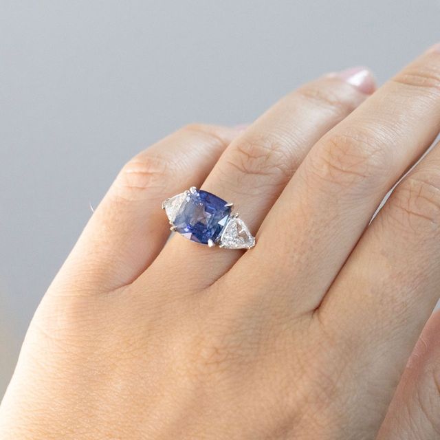 6.90 Carat Natural Cushion Blue Sapphire Trilogy Engagement Ring in Platinum - Bespoke